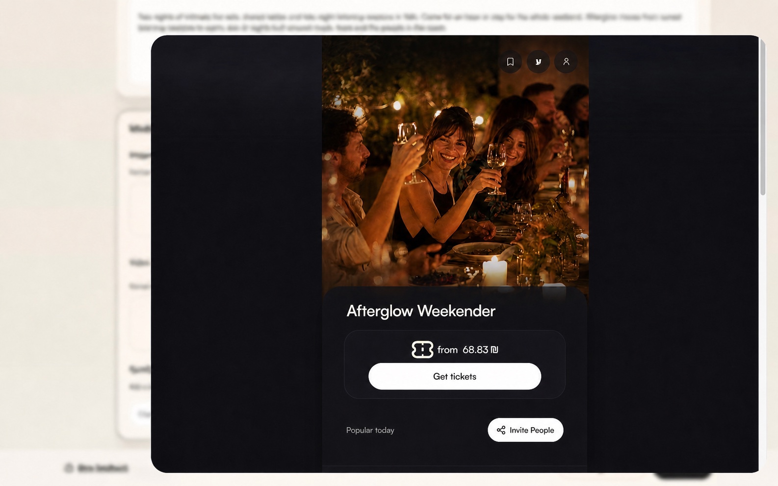 Buyer preview for the Afterglow Weekender event page with an active Get tickets button