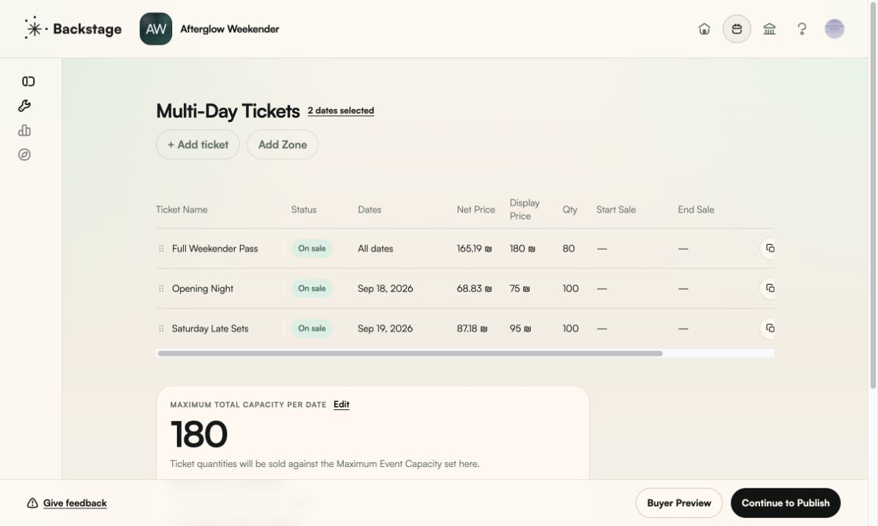 Disco Backstage showing three ticket tiers across two event dates
